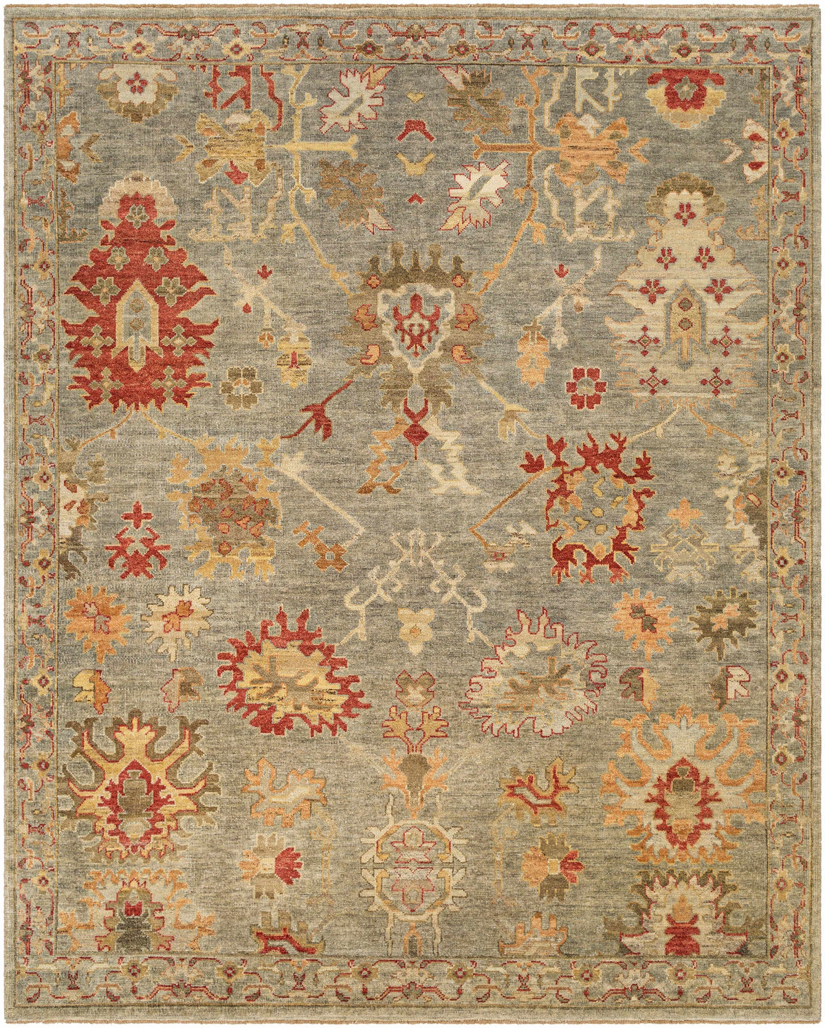 Cian Area Rug - Clearance, blue-gray field with red floral motifs and border, Boutique Rugs on Tampa Home & Garden Store