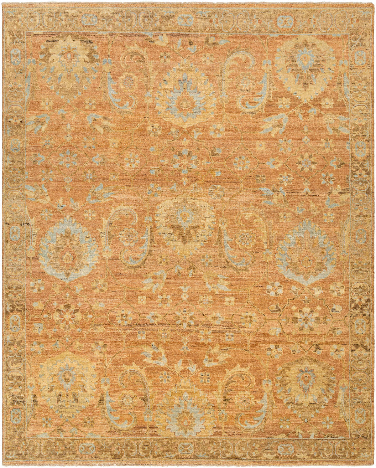 Enora Area Rug by Boutique Rugs, terracotta field with light blue floral motifs and ornate border on Tampa Home & Garden Store