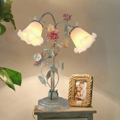 Shabby Chic Green Rose Table Lamp for Bedroom