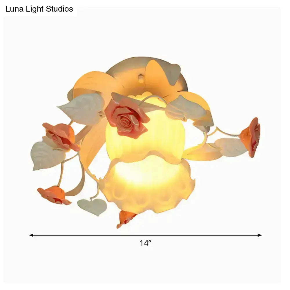 Pink Rose Semi-Flush Light by Decorbites, yellow glow with pink roses and green leaves on Tampa Home & Garden Store