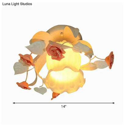 Pink Rose Semi-Flush Light by Decorbites, yellow glow with pink roses and green leaves on Tampa Home & Garden Store