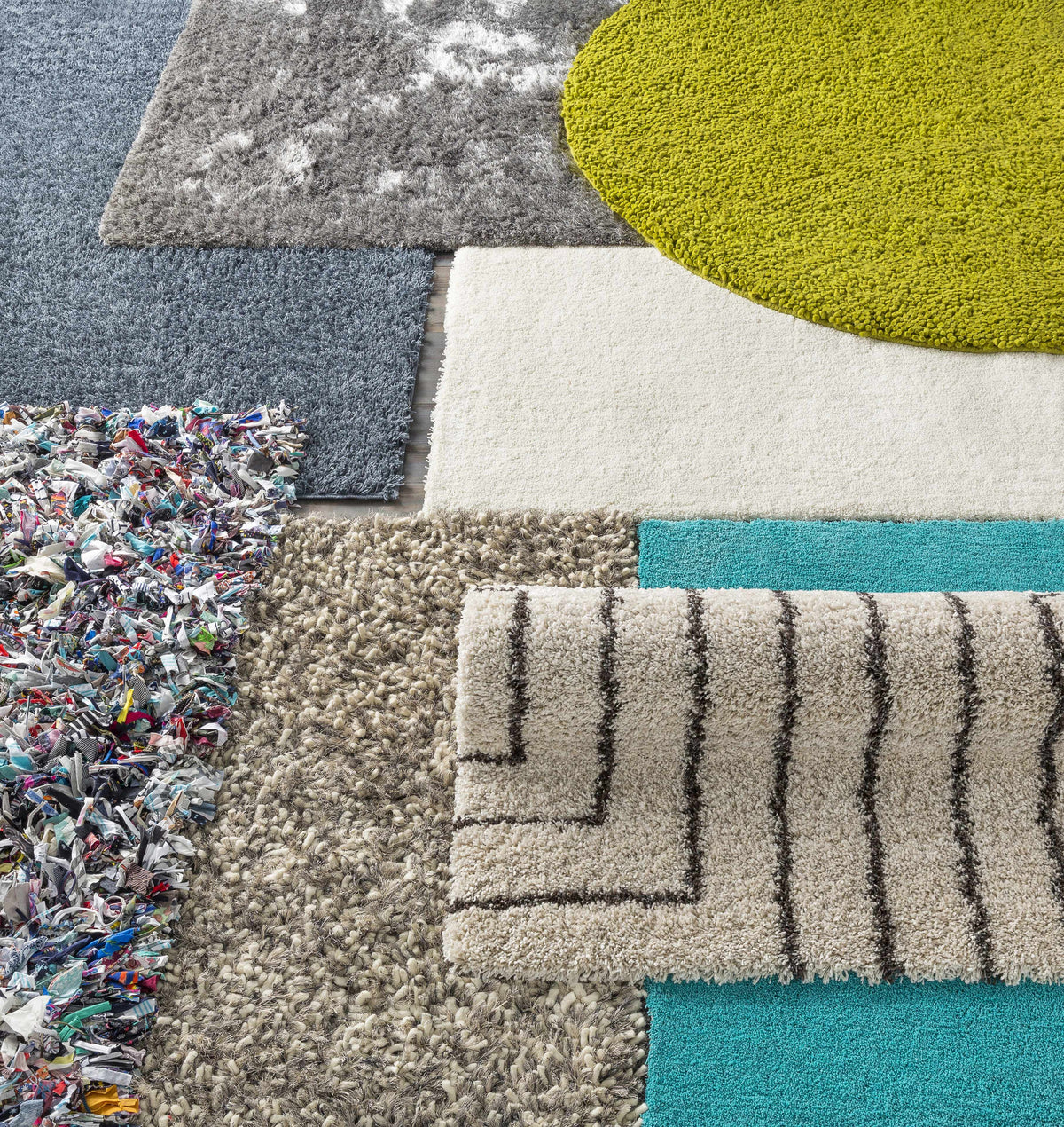 Rug Frederika olive green wool shag from Boutique Rugs with assorted swatches, clearance on Tampa Home & Garden Store