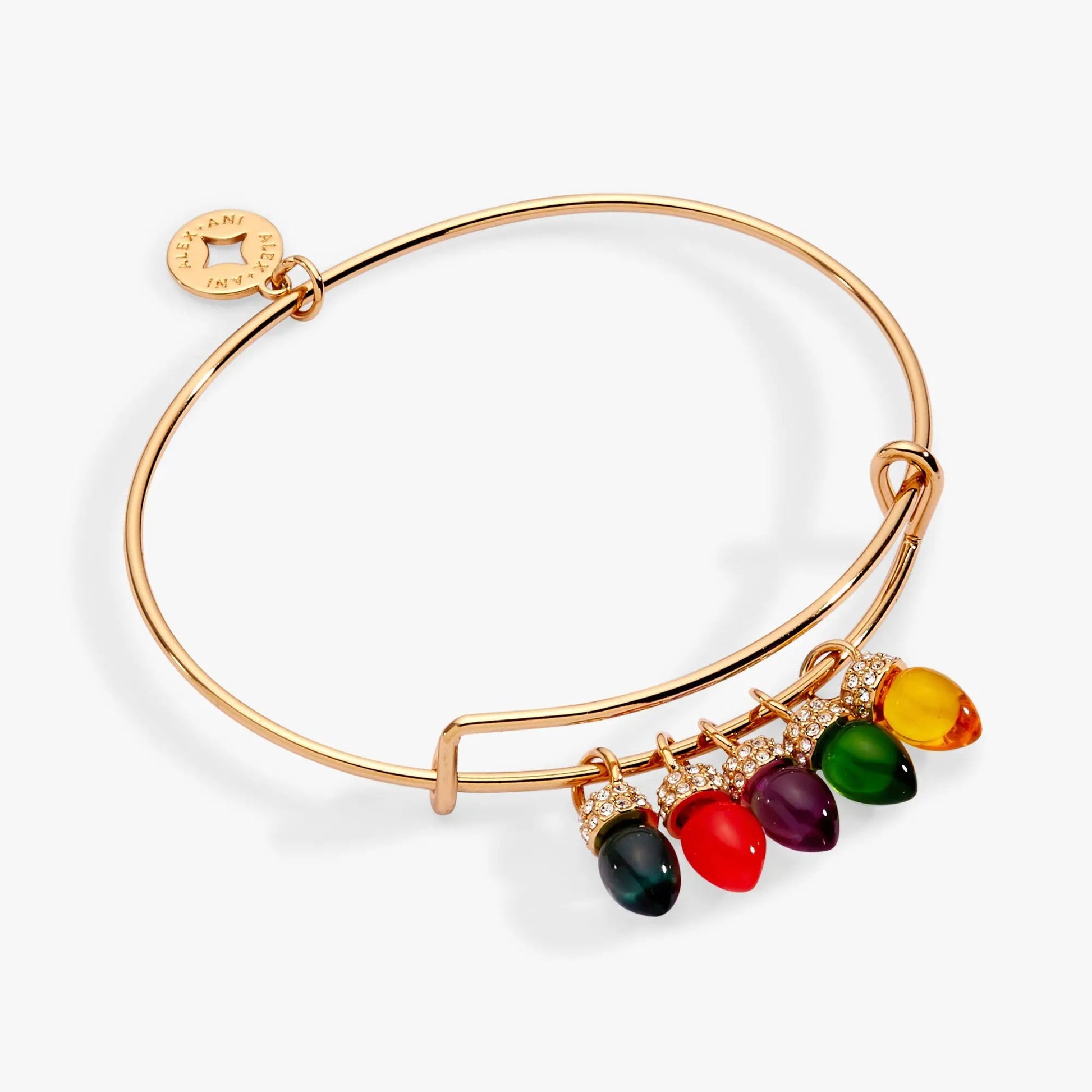 Christmas Light Bulb Charm Bangle by ALEX AND ANI, rose gold with colorful bead lights on Tampa Home & Garden Store