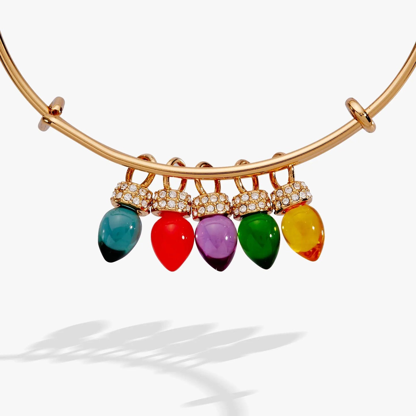 Christmas Light Bulb Charm Bangle; gold bracelet by ALEX AND ANI with crystals and caps on Tampa Home & Garden Store