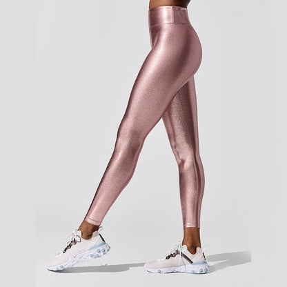 Stevvex Shape Relaxed Fit Leggings, rose gold metallic, high waist, shiny compression pants on Tampa Home & Garden Store
