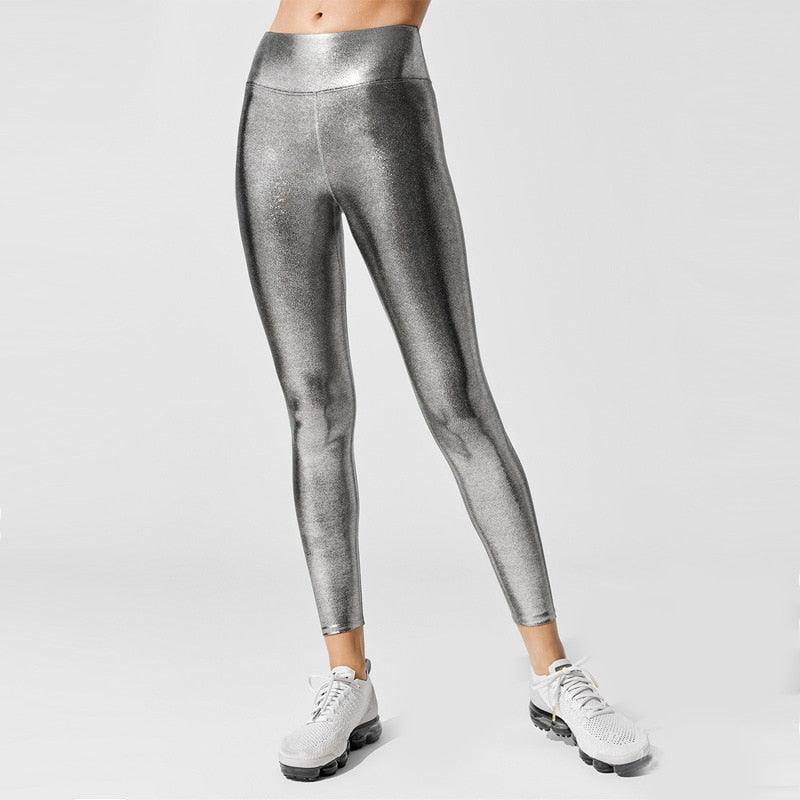 Leggings Stevvex Relaxed Fit Graduated Compression Travel high waist metallic silver finish on Tampa Home & Garden Store