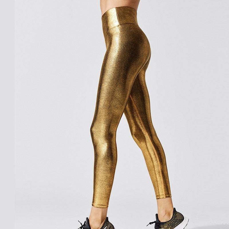 Stevvex metallic gold high-waist leggings with shiny luster, stay-put waistband, tight fit on Tampa Home & Garden Store