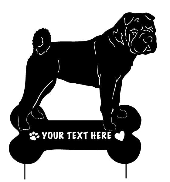 Shar Pei garden stake silhouette in black metal with bone sign, Rustica Ornamentals on Tampa Home & Garden Store