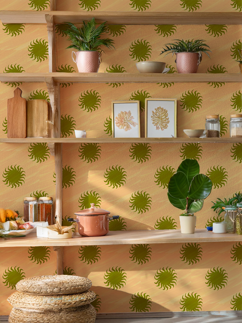 Papier peint Sol, pêche et vert olive