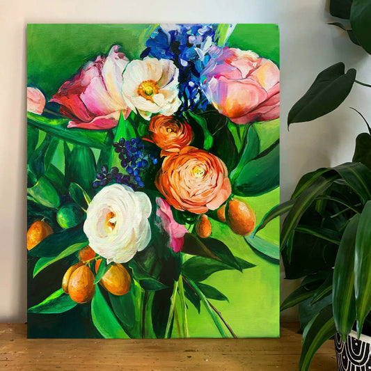 She Lit a Fire Premium Art Print vibrant floral artwork with white pink and orange blooms on green background by Mai Autumn on Tampa Home & Garden Store