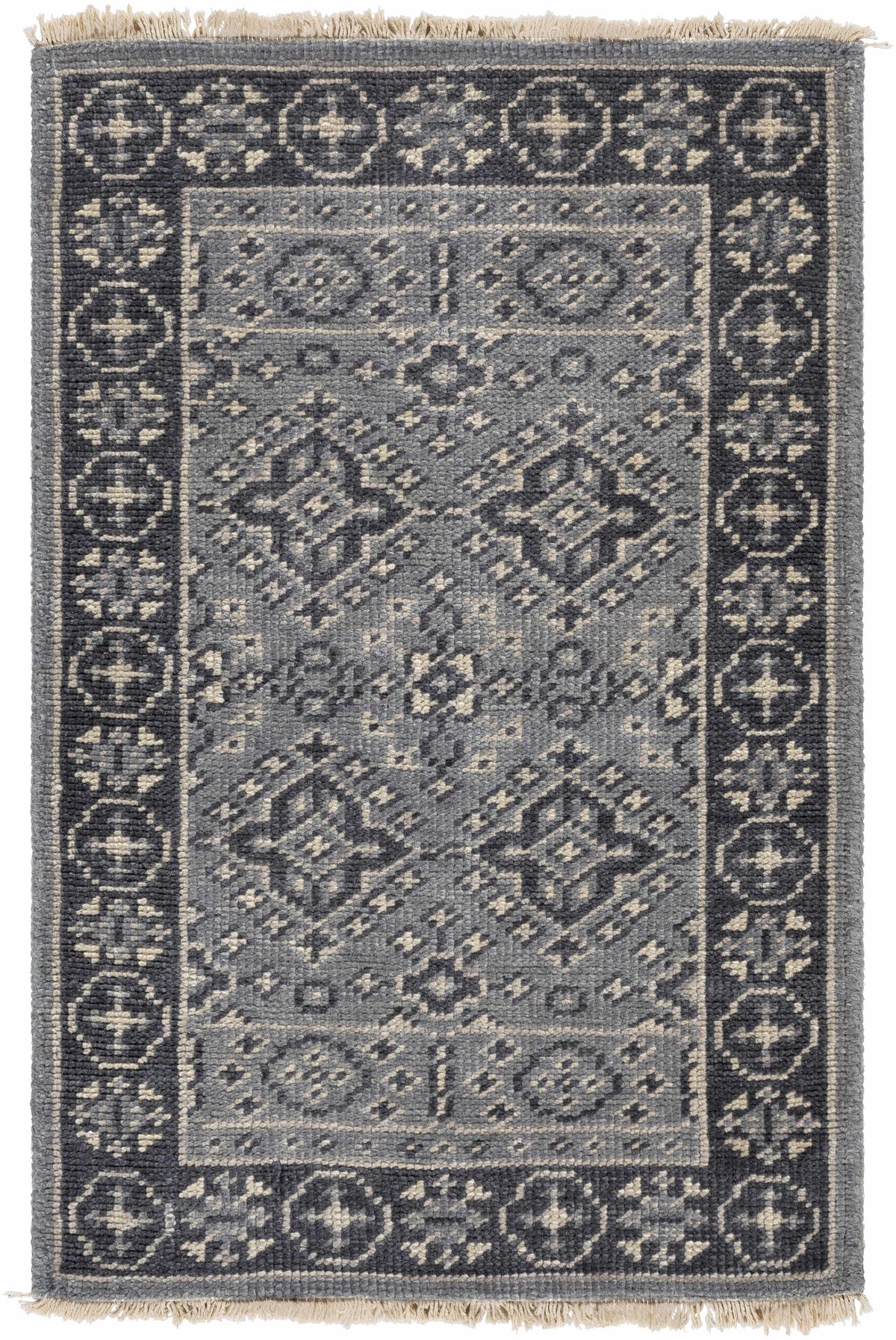 Sherwood Area Rug by Boutique Rugs in gray and cream with an intricate border pattern on Tampa Home & Garden Store