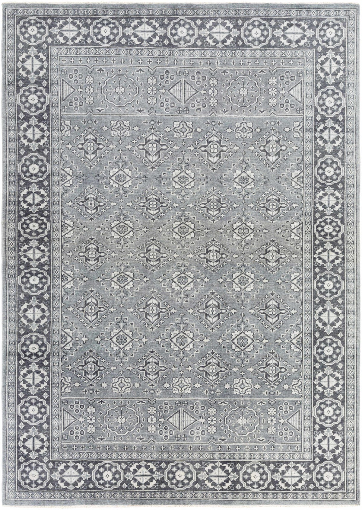 Sherwood Area Rug by Boutique Rugs in blue-gray with ornate border and geometric medallions on Tampa Home & Garden Store