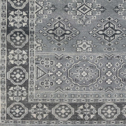 Sherwood Area Rug by Boutique Rugs, gray-blue geometric medallion pattern with border on Tampa Home & Garden Store