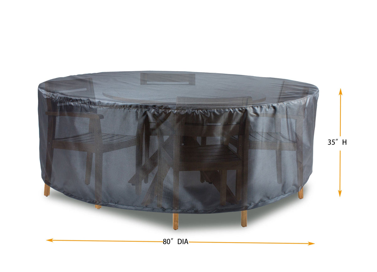 Round dining table and chairs cover in Mercury gray by Shield Outdoor Covers, 80in dia x 35in H on Tampa Home & Garden Store