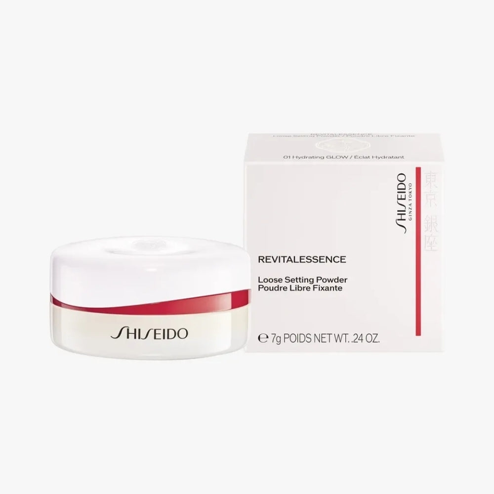Shiseido Revitalessence Loose Setting Powder 01 Glow 7g in white compact with red band on Tampa Home & Garden Store