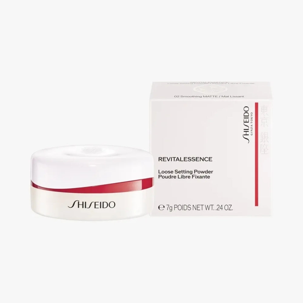 Shiseido Revitalessence Loose Setting Powder 02 Matte in white jar with red band beside its box on Tampa Home & Garden Store