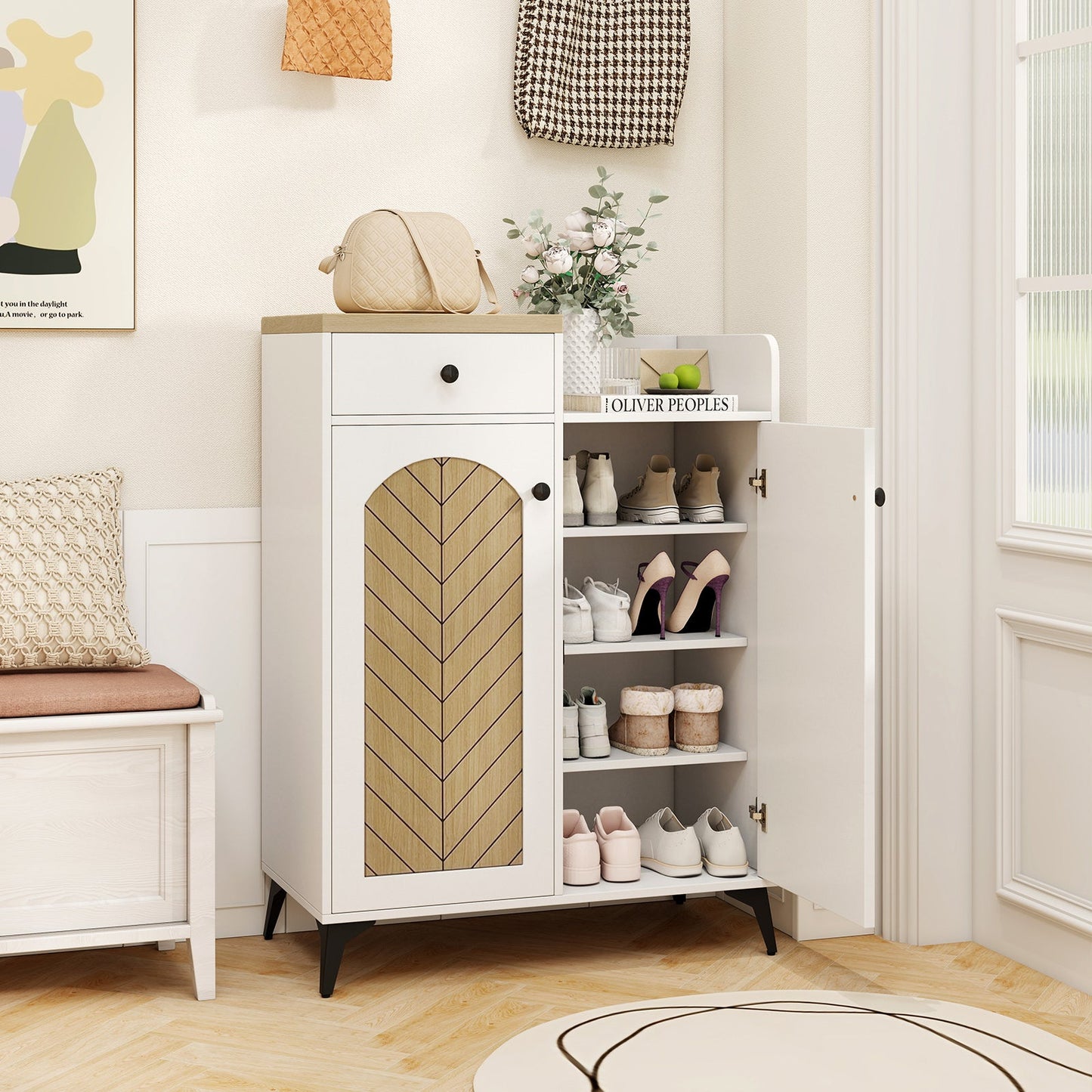 Zapatero organizador de 2 puertas con cajón y 6 estantes extraíbles - Blanco