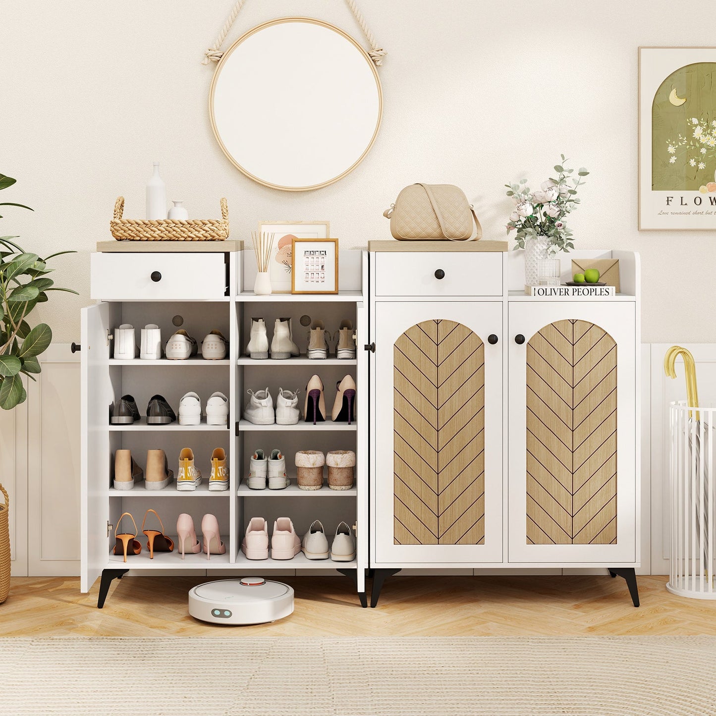 Zapatero organizador de 2 puertas con cajón y 6 estantes extraíbles - Blanco