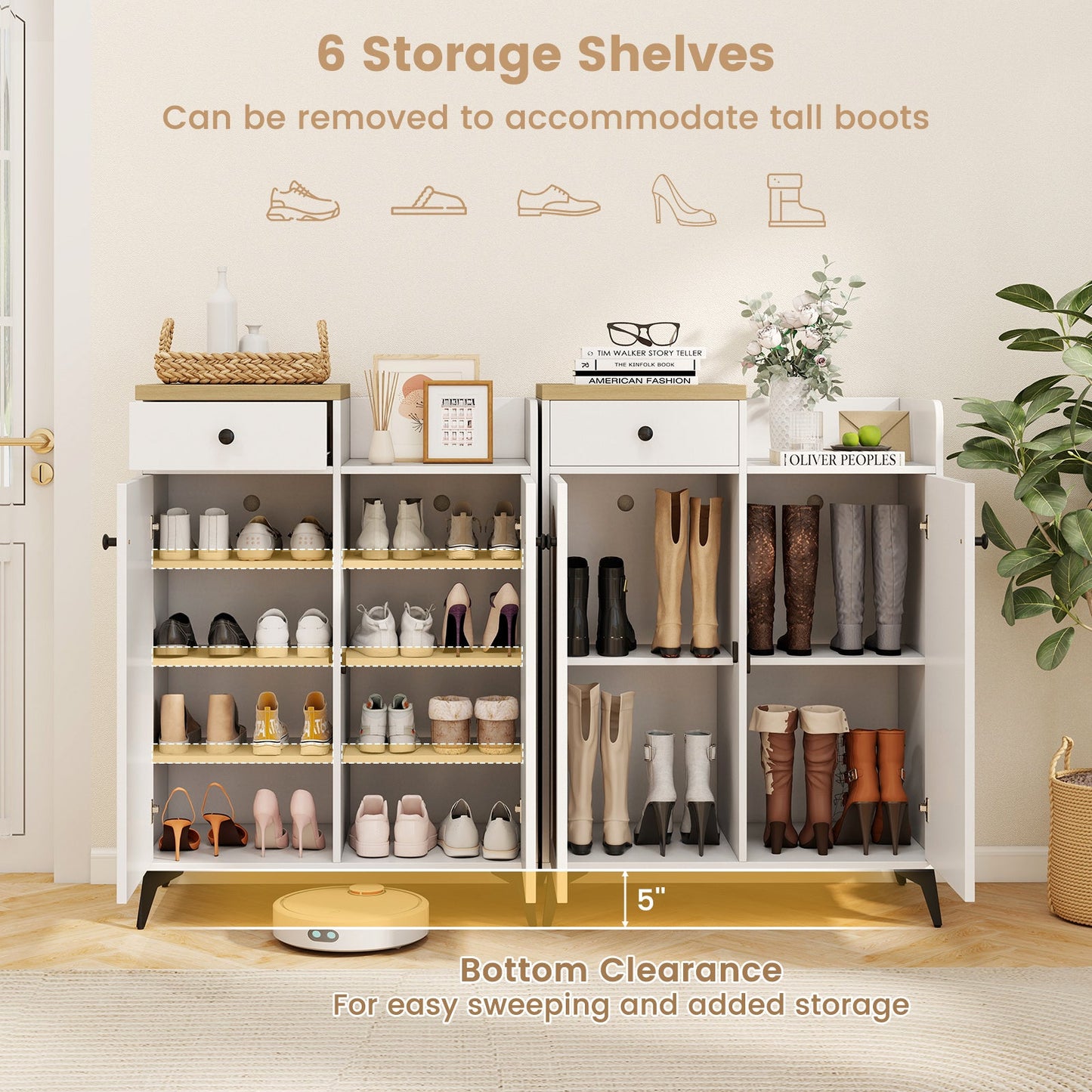 Zapatero organizador de 2 puertas con cajón y 6 estantes extraíbles - Blanco