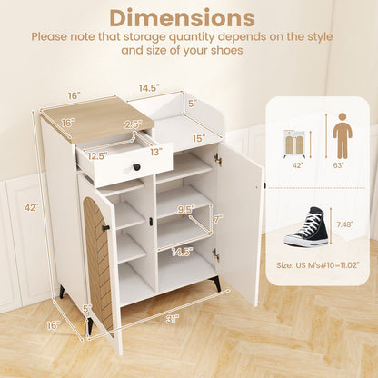 Zapatero organizador de 2 puertas con cajón y 6 estantes extraíbles - Blanco
