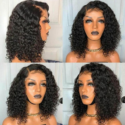 Stevvex lace front wig Brazilian curly deep wave bob in black four-view display on Tampa Home & Garden Store