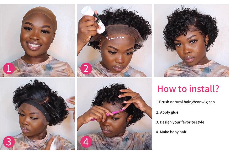Stevvex short curly wig lace front pixie cut with baby hairs, pre-plucked 4-panel install collage on Tampa Home & Garden Store