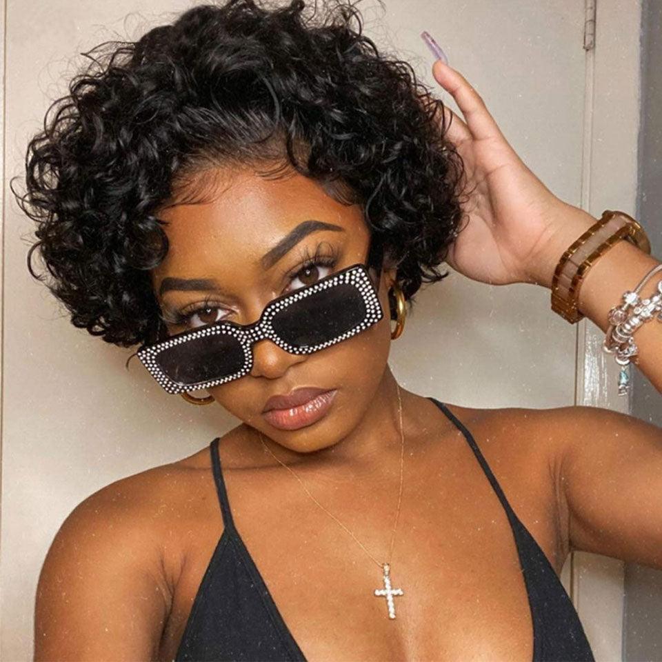 Stevvex short curly pixie-cut lace-front wig in black, Remy human hair on Tampa Home & Garden Store