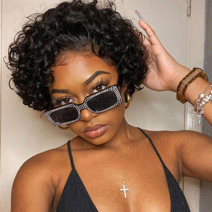 Stevvex short curly pixie-cut lace-front wig in black, Remy human hair on Tampa Home & Garden Store