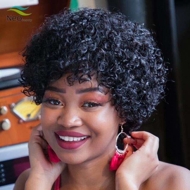 Stevvex short curly lace-front human hair wig pixie cut for women in black Remy hair with baby hairs on Tampa Home & Garden Store
