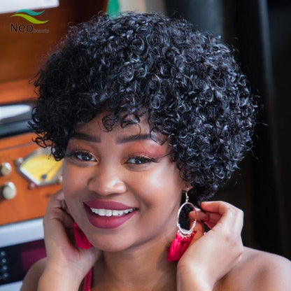 Stevvex short curly lace-front human hair wig pixie cut for women in black Remy hair with baby hairs on Tampa Home & Garden Store