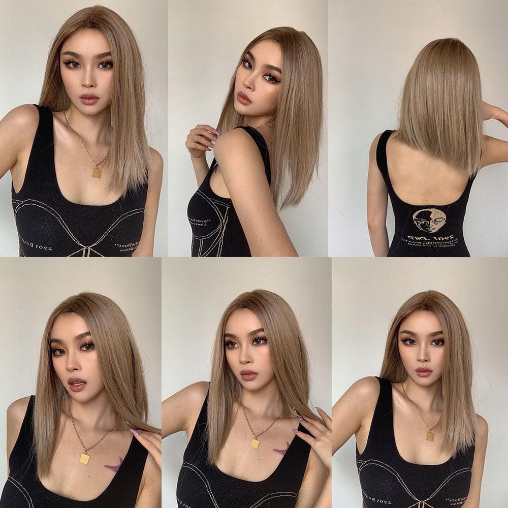 Blonde short straight lace-front synthetic wig Stevvex ST125223AYC, 6-view collage on Tampa Home & Garden Store