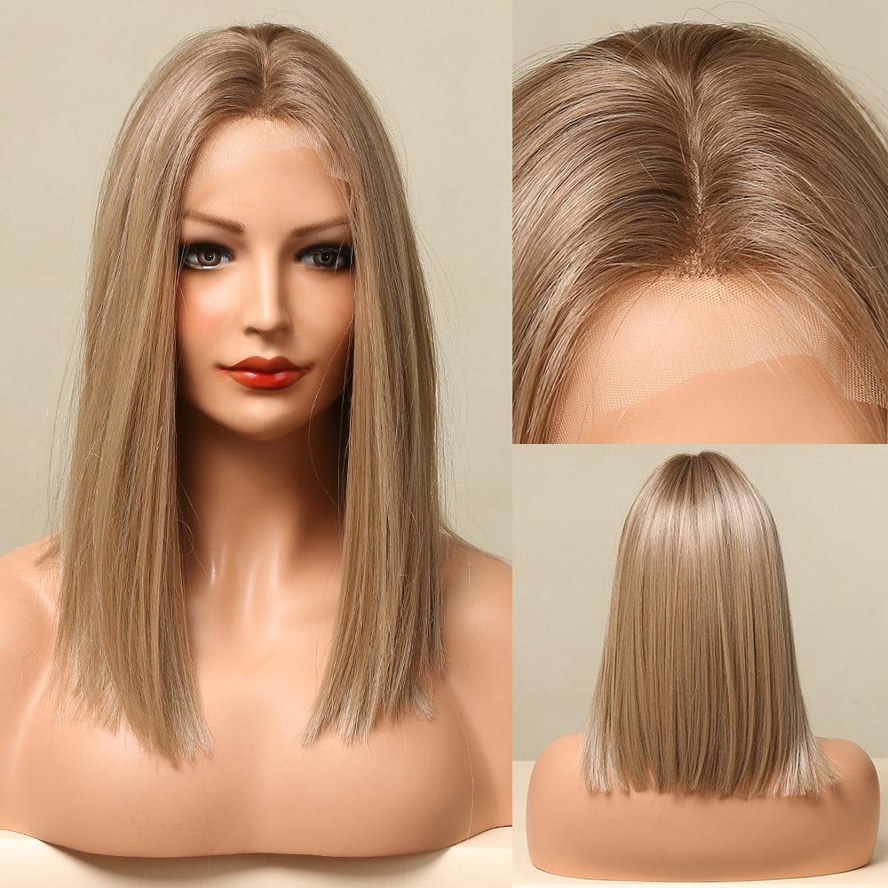 Short straight lace-front synthetic wig, blonde shoulder-length, natural look, Stevvex on Tampa Home & Garden Store