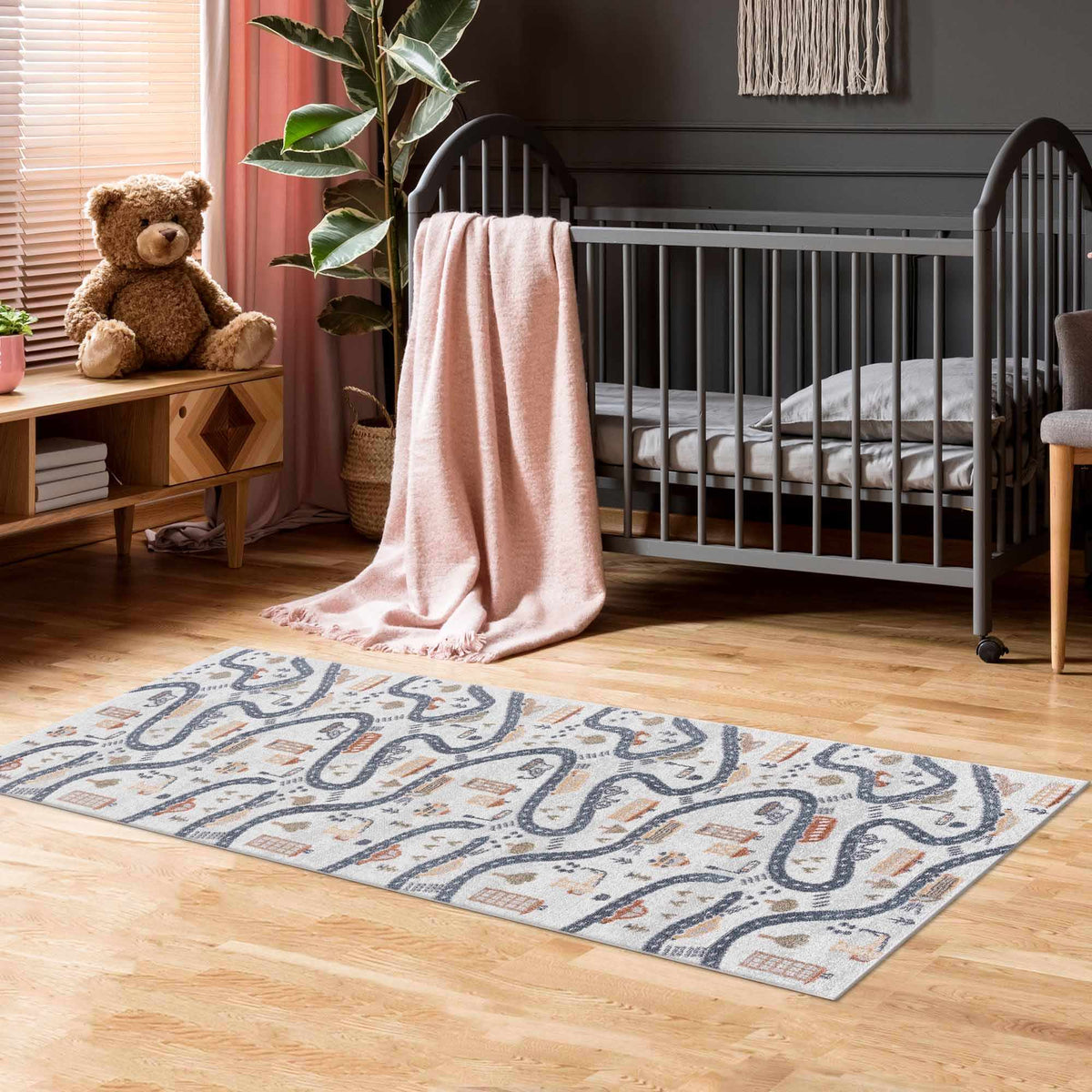 Mave Roads Washable Rug for Kids in soft gray with winding road motif on Tampa Home & Garden Store