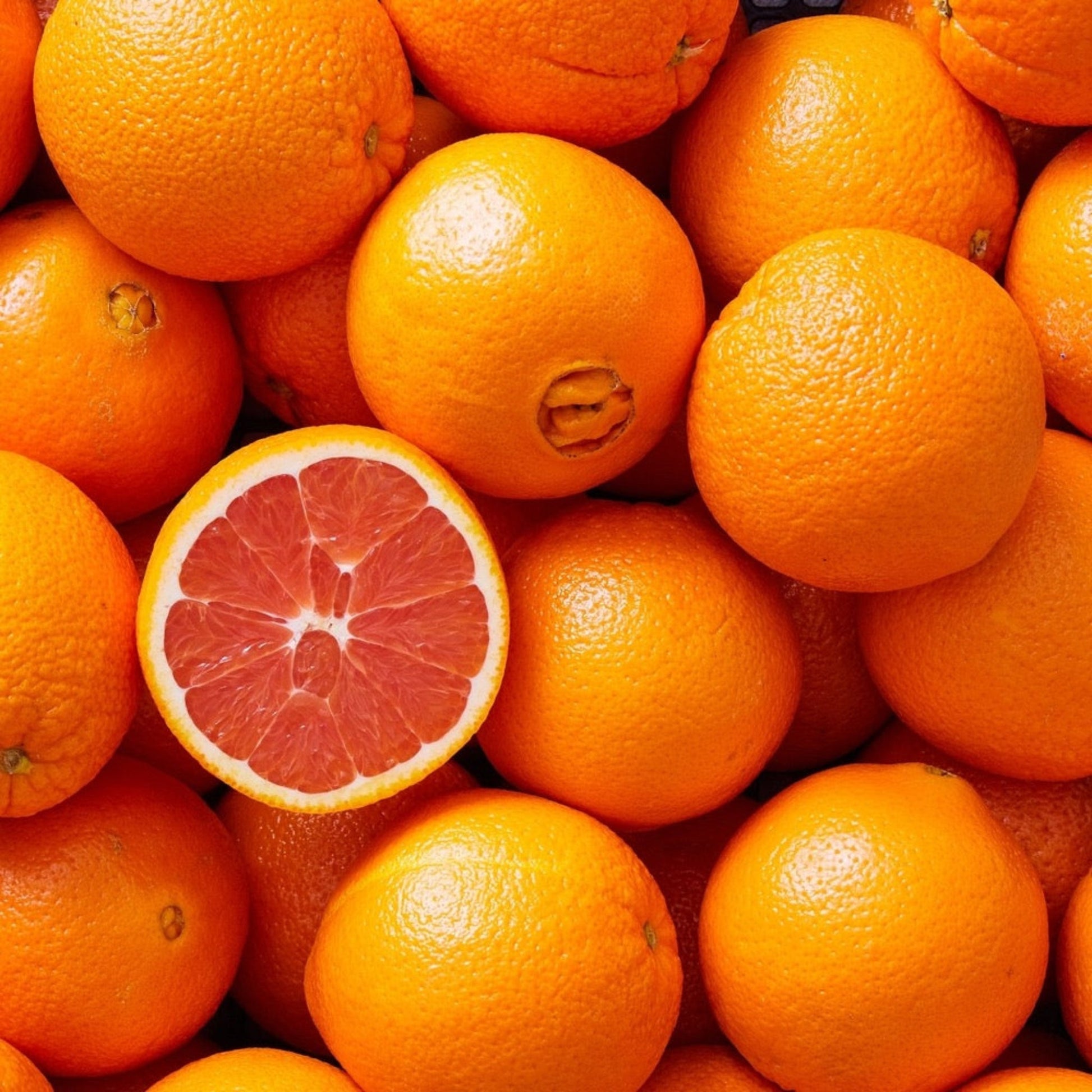 Cara Cara Orange Tree fruits pile; bright orange peels and pink flesh visible on halved orange on Tampa Home & Garden Store