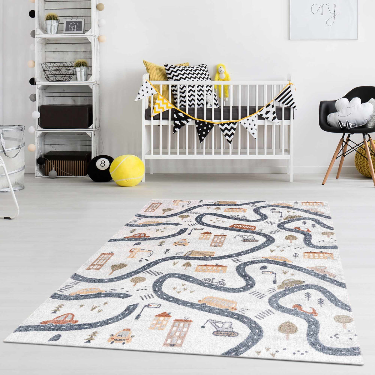 Mave Roads Washable Rug for Kids in white with road pattern Boutique Rugs on Tampa Home & Garden Store