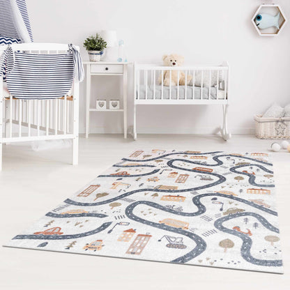 Mave Roads Washable Rug for Kids by Boutique Rugs with blue-gray road pattern in nursery on Tampa Home & Garden Store