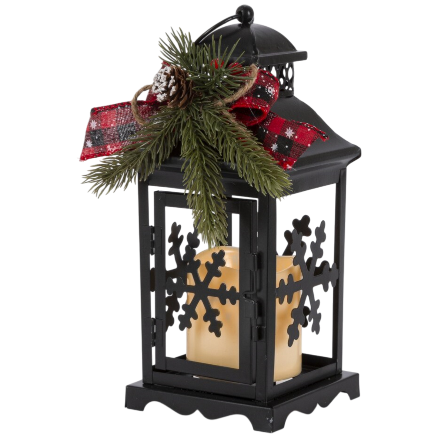 10.5-inch lighted black metal lanterns with timer; set of 2, snowflake beige candle on Tampa Home & Garden Store