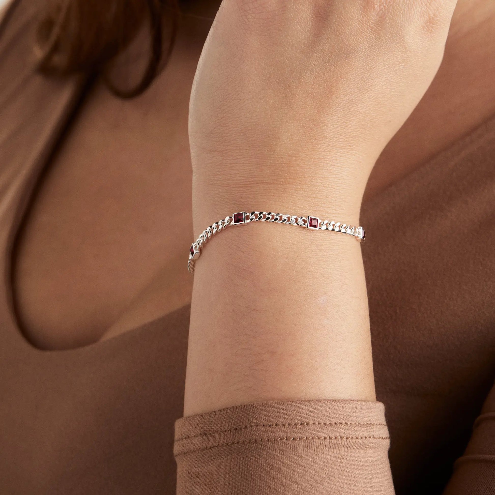Bracelet Scarlet Silver Curb Chain by ALEX AND ANI with red January birthstone on Tampa Home & Garden Store