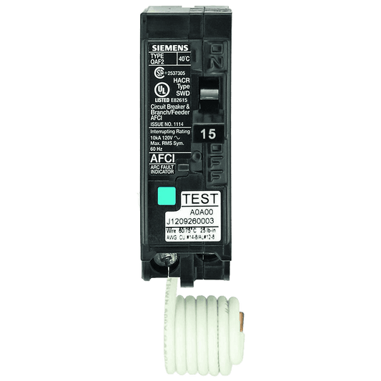 Disyuntor AFCI combinado enchufable, unipolar, de 120 voltios y 15 A, Siemens QA115AFC