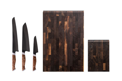 Signature Knife & Board Set by STEELPORT Co. 3 black blades with burl handles and dark boards on Tampa Home & Garden Store