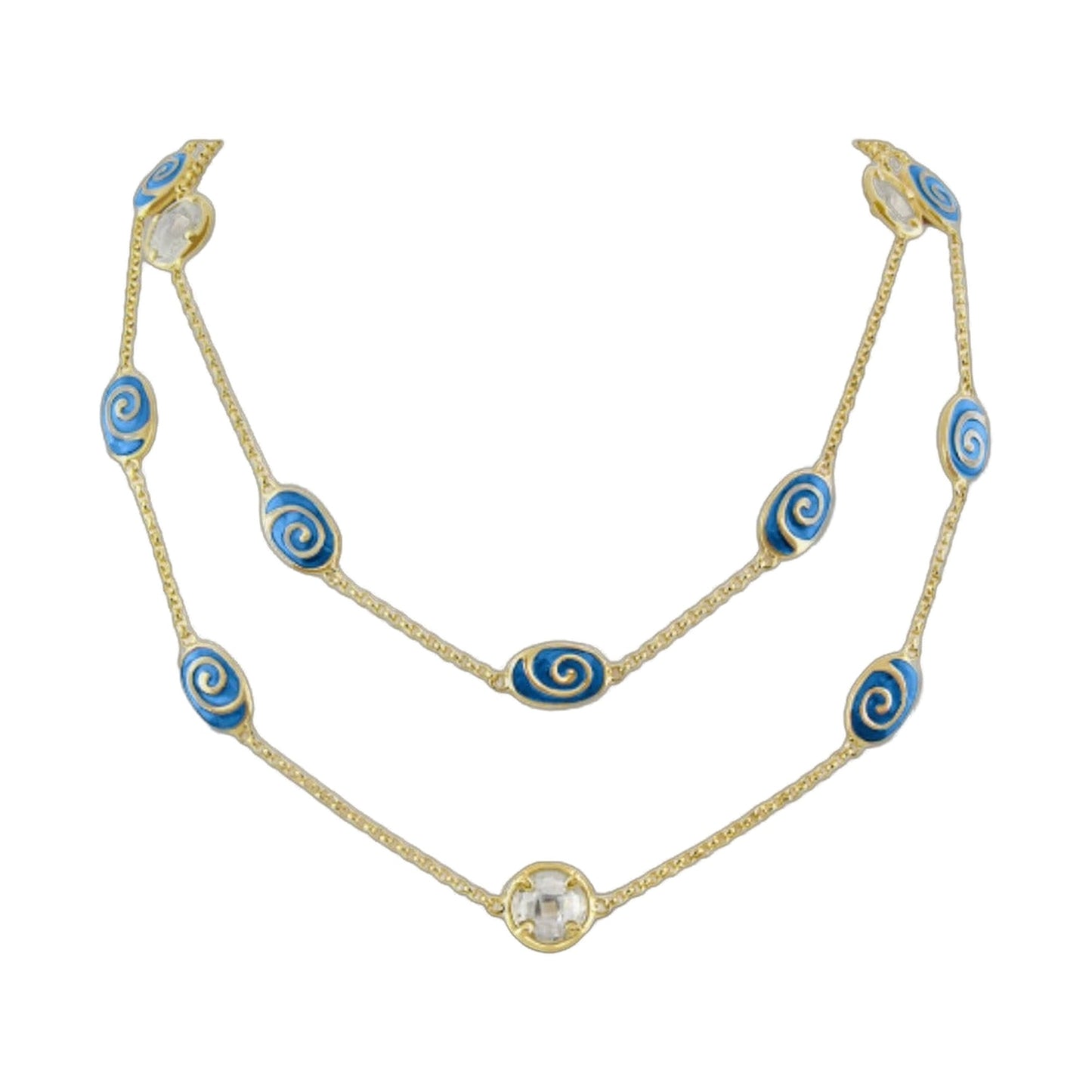 Signature Swirl Long Necklace by Lauren G Adams goldtone chain with blue enamel swirl beads on Tampa Home & Garden Store