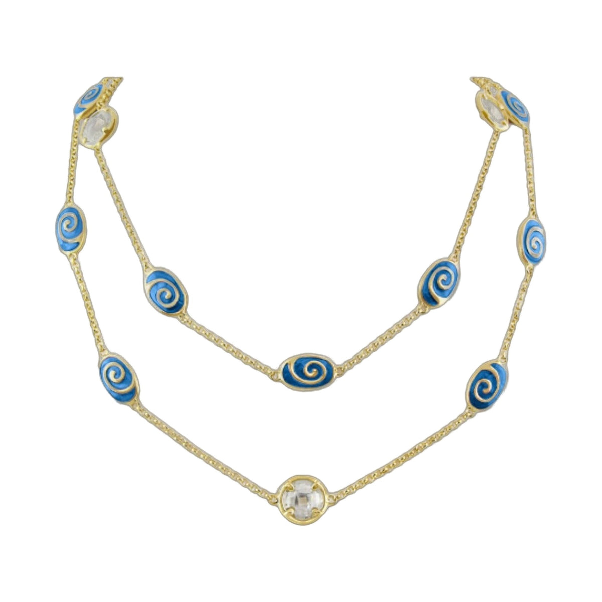 Signature Swirl Long Necklace by Lauren G Adams goldtone chain with blue enamel swirl beads on Tampa Home & Garden Store