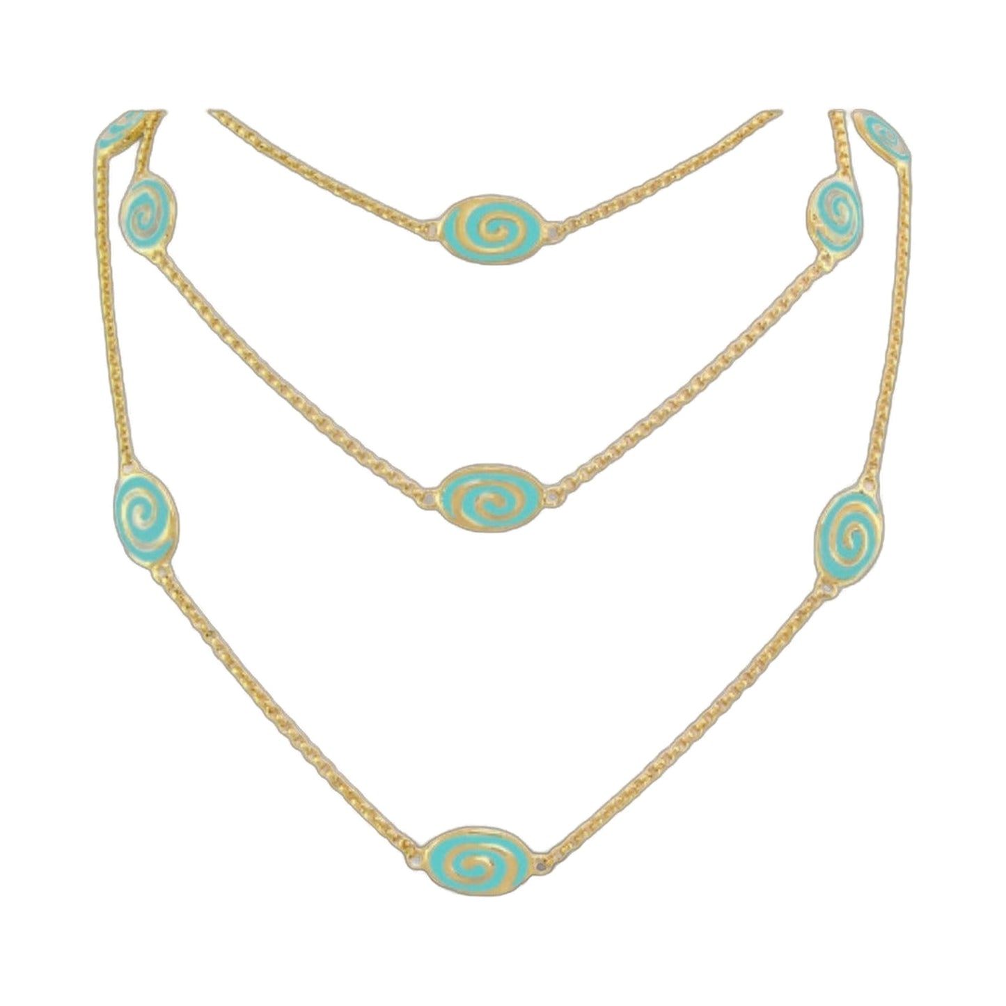 Signature Swirl Necklace 5 turquoise spiral discs on gold-tone chain with linked stations on Tampa Home & Garden Store