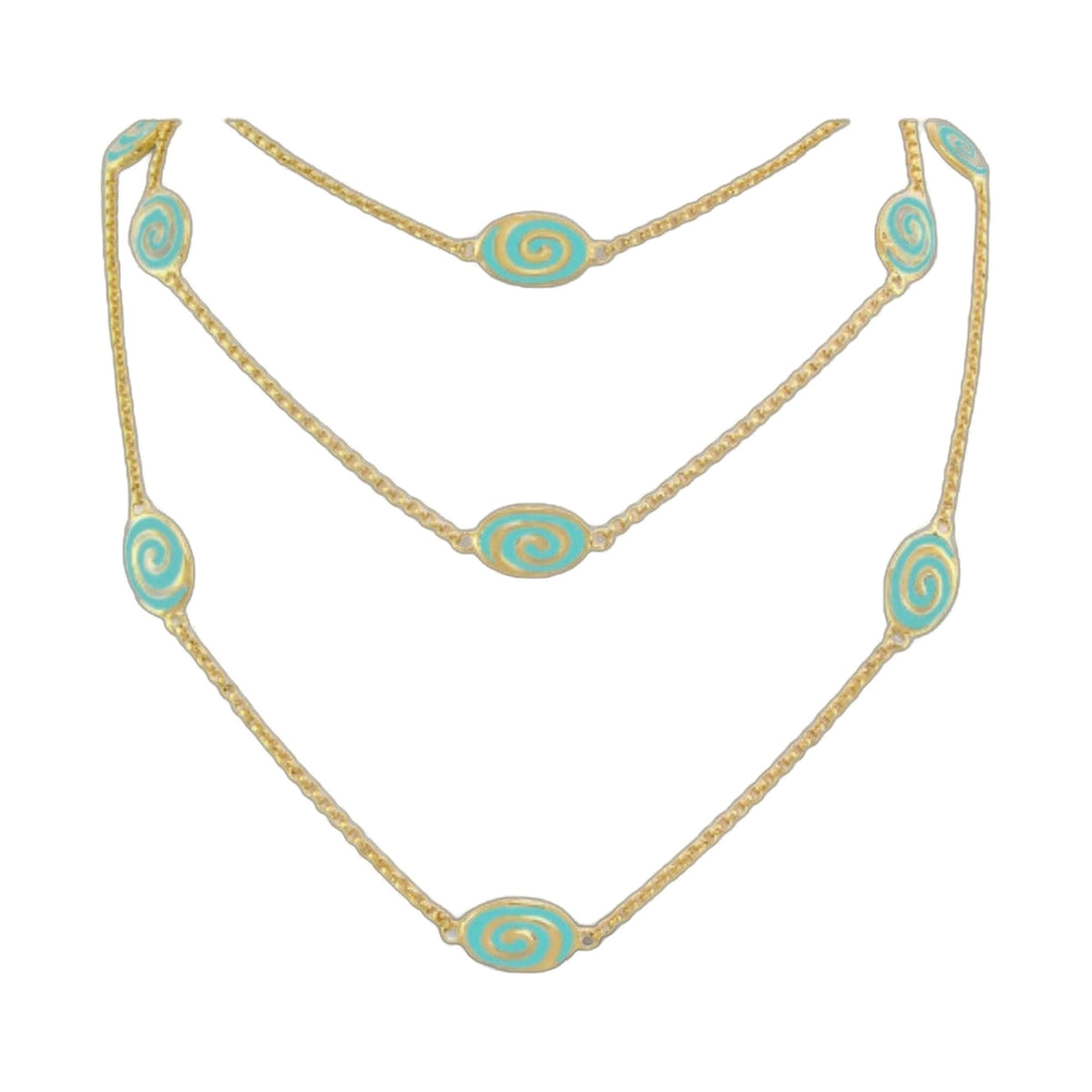 Signature Swirl Necklace 5 turquoise spiral discs on gold-tone chain with linked stations on Tampa Home & Garden Store