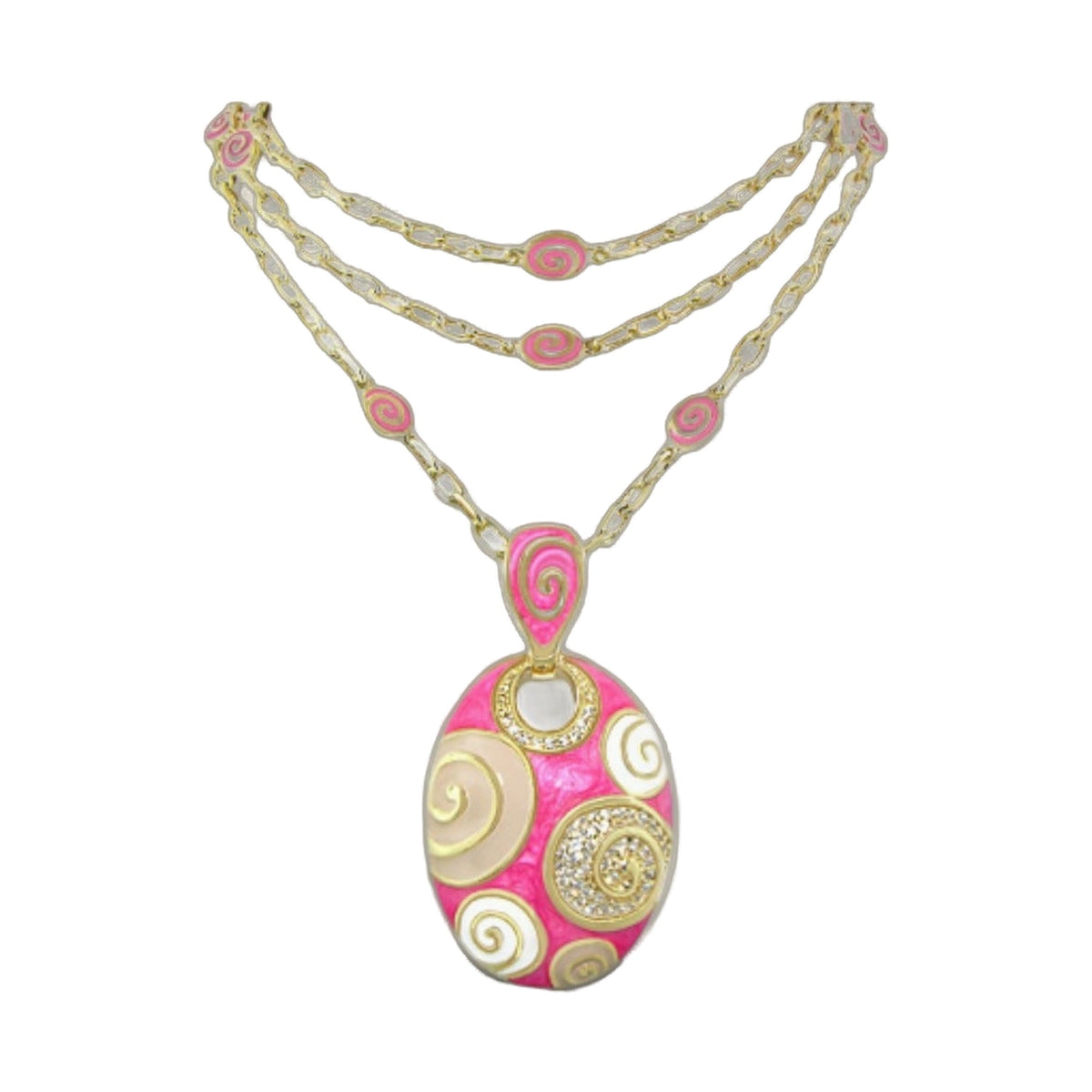 Signature Swirl Necklace pink enamel spirals on goldtone triplestrand chain with crystal pendant on Tampa Home & Garden Store