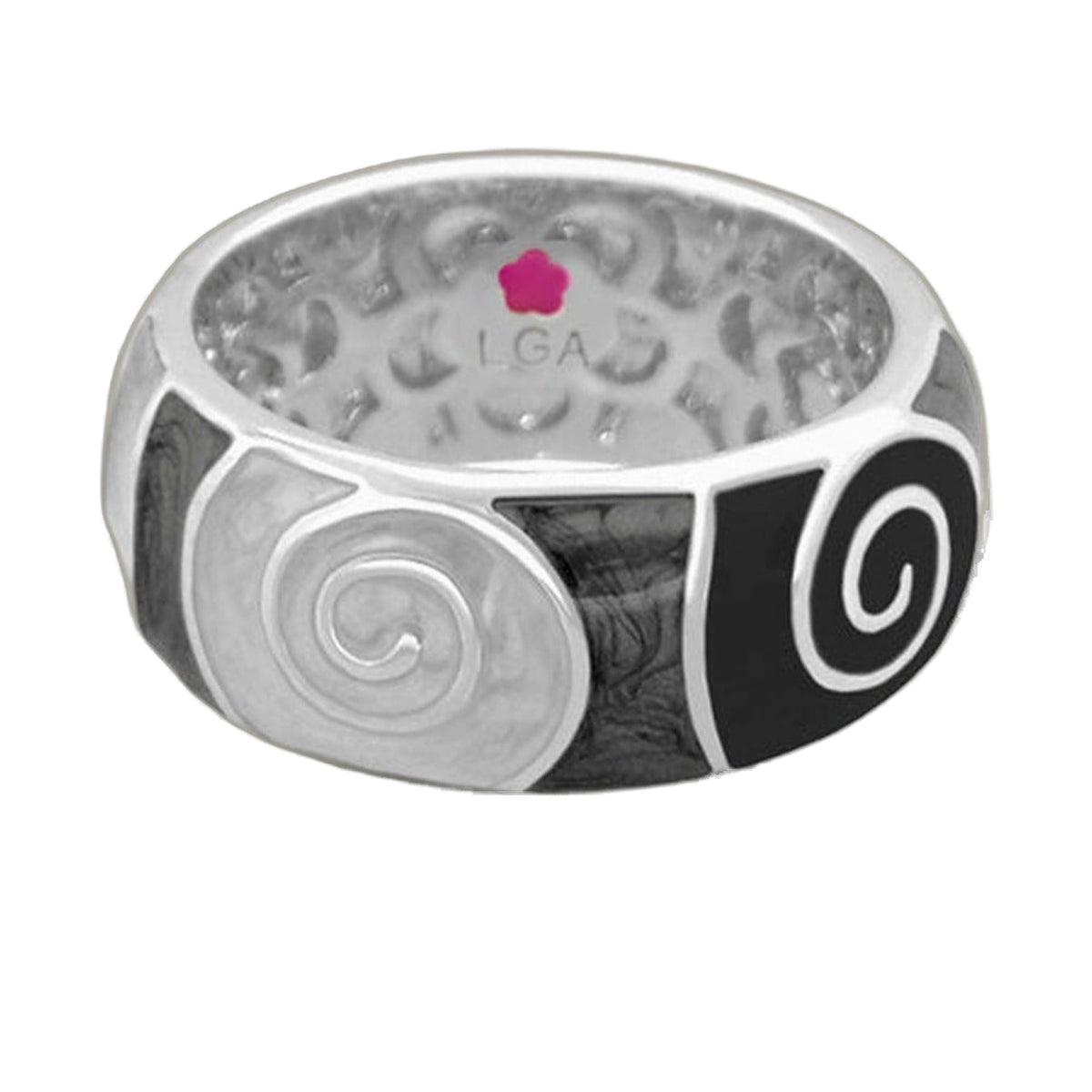 Signature Swirl Stackable Ring, silver tone with pink flower logo and LGA engraving at back on Tampa Home & Garden Store