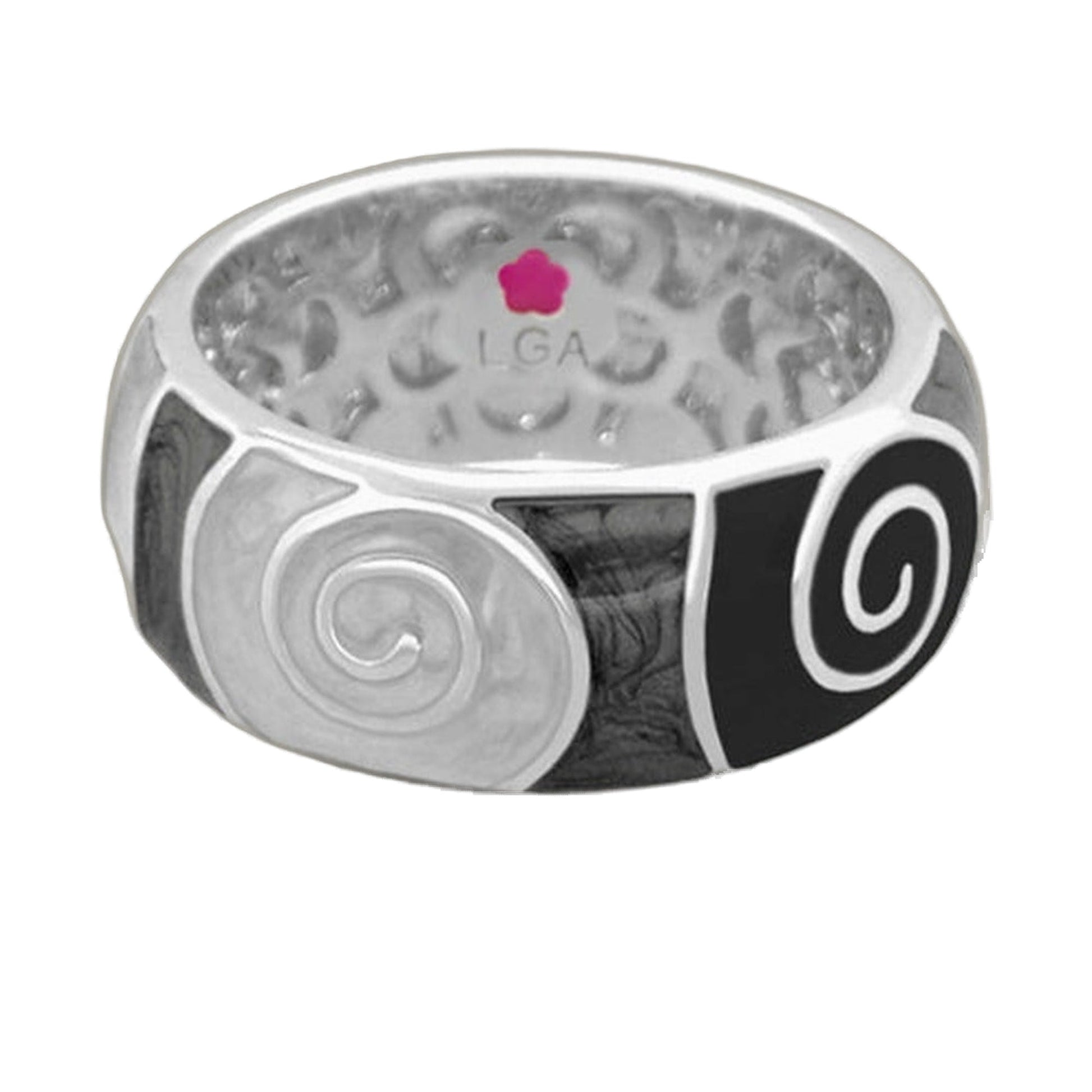 Signature Swirl Stackable Ring, silver tone with pink flower logo and LGA engraving at back on Tampa Home & Garden Store