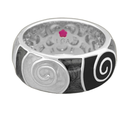 Signature Swirl Stackable Ring, silver tone with pink flower logo and LGA engraving at back on Tampa Home & Garden Store