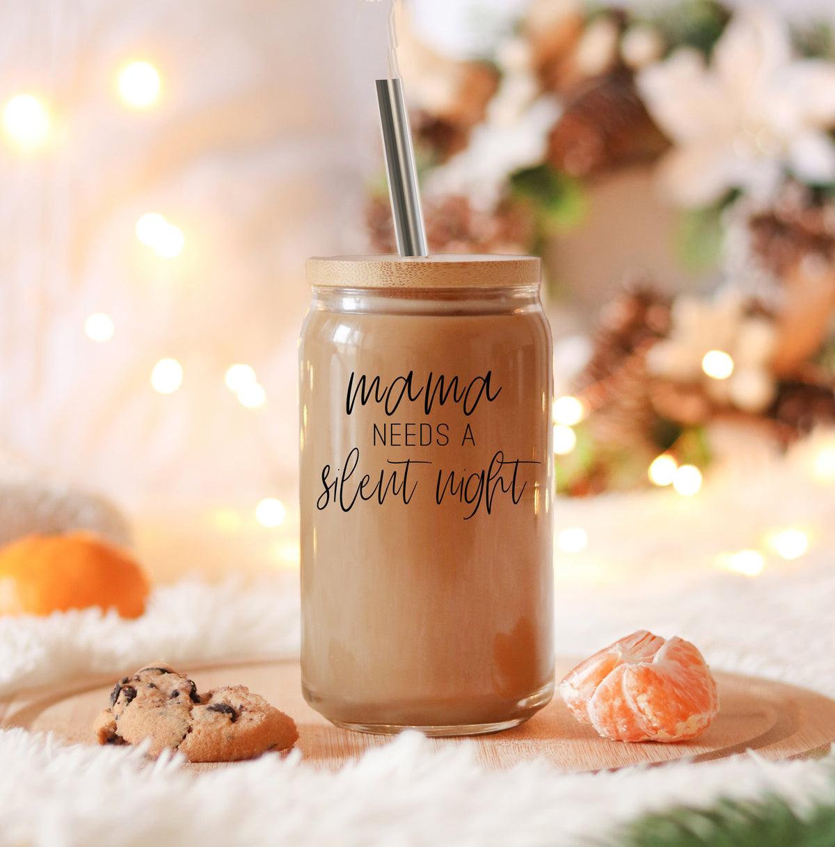 Mama Silent Night 17oz glass cup with wood lid and metal straw on Tampa Home & Garden Store
