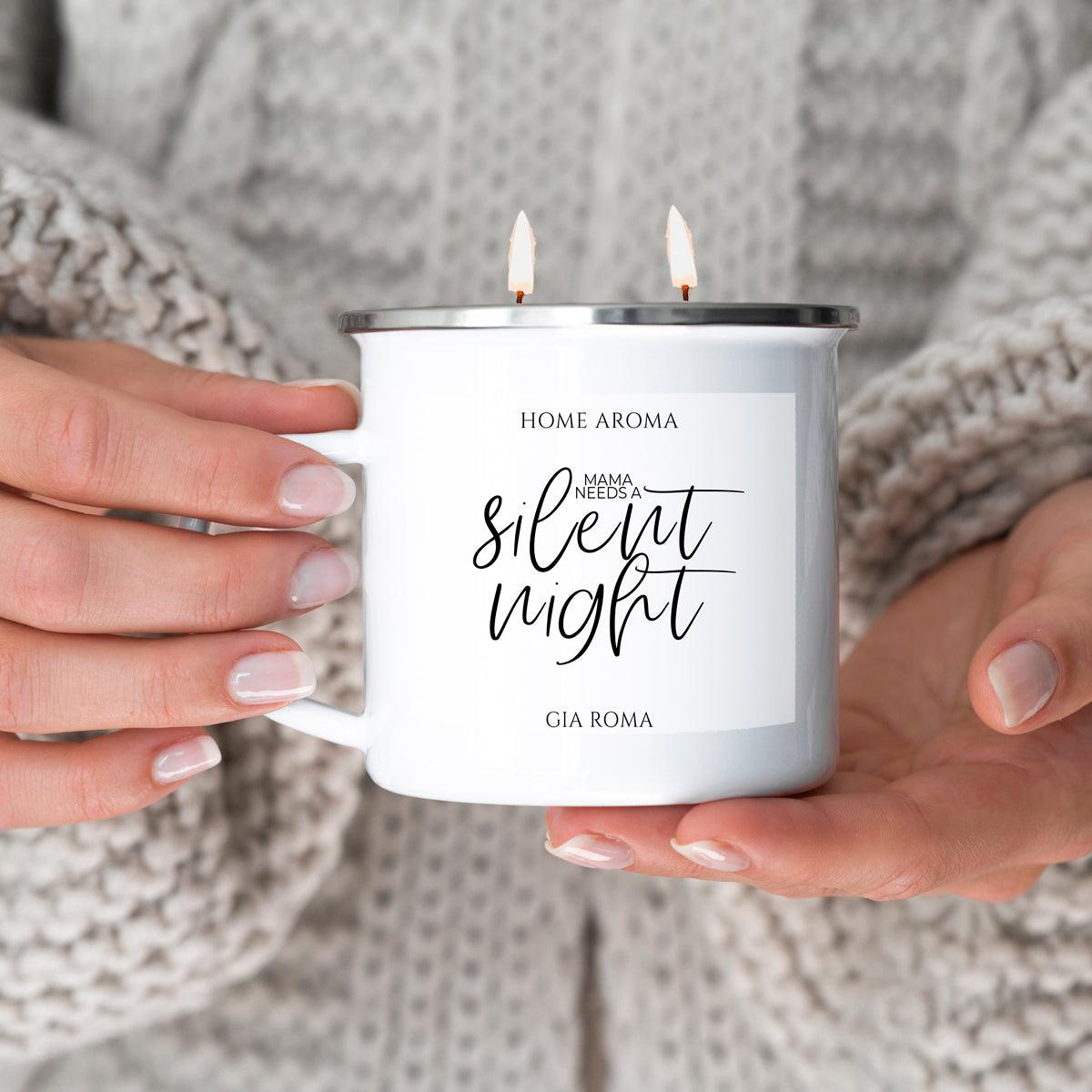 16oz Candle Mug Gia Roma, white enamel mug with silver rim, two lit wicks silent night label on Tampa Home & Garden Store